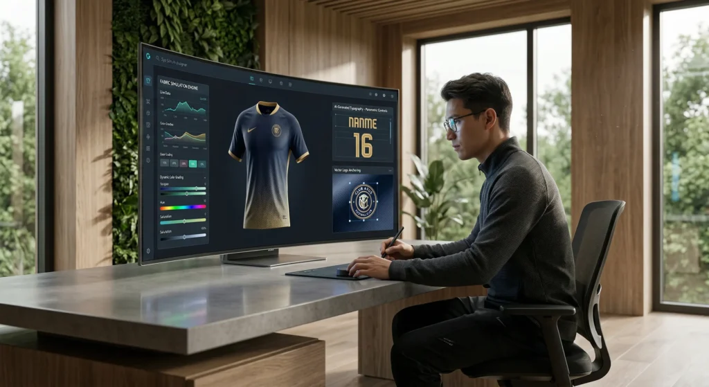 Designer creating custom football jersey using digital software